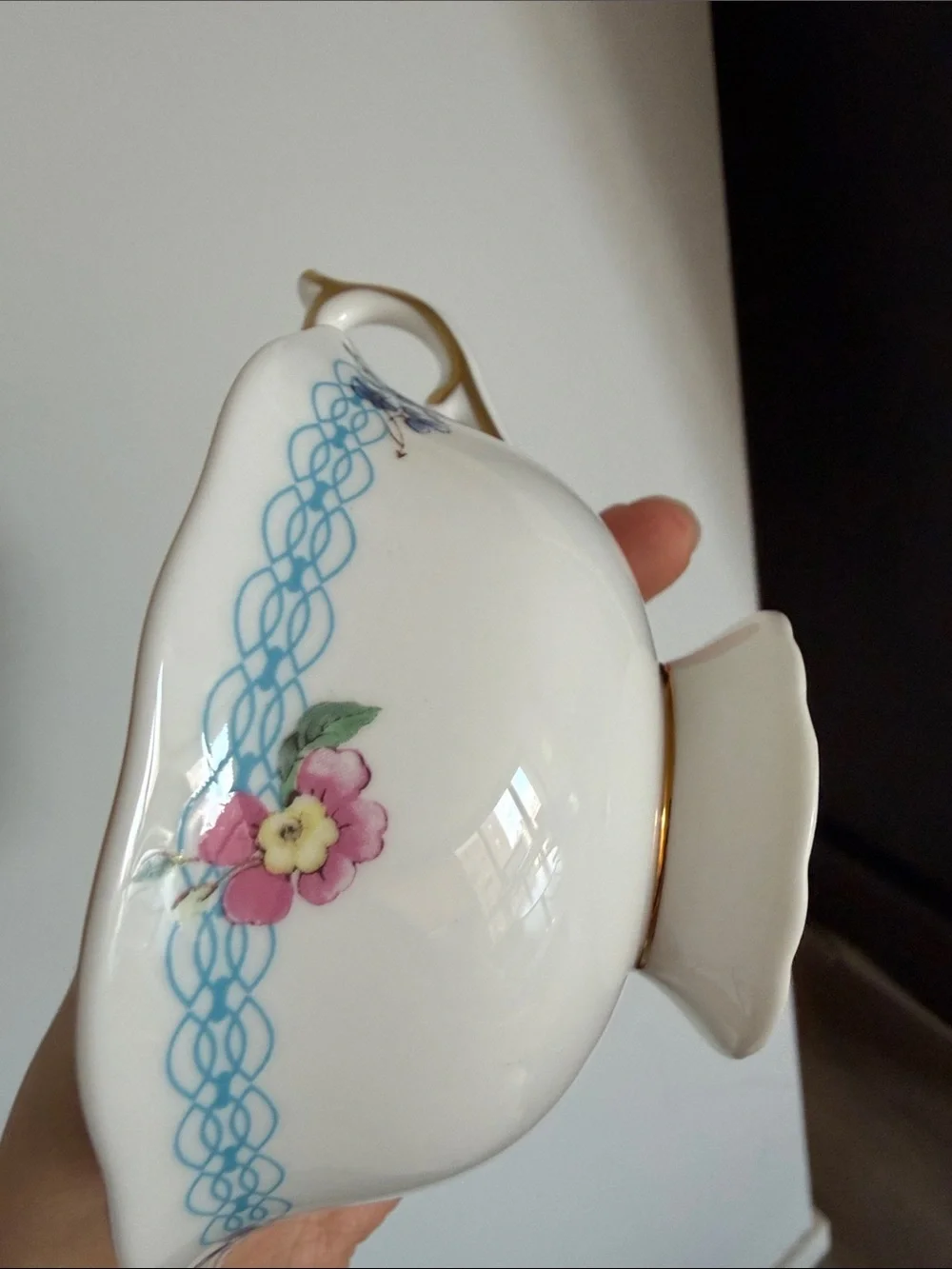 Wedgwood Turquoise Floral Bone China Teacup and Saucer with Gold Trim Never used